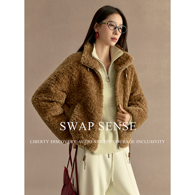 SWAP SENSE云端旅人·慵懒松弛抽绳立领立领短款羊羔毛棕色外套冬