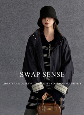 SWAP SENSE都市漫游者·浅灰拼接袖口藏蓝色工装外套翻领休闲夹克