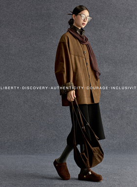 SWAP SENSE榛果慕斯·巴恩风咖色立领撞色格纹麂皮绒拼接夹克外套