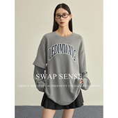 SWAP SENSE墨灰印迹·复古休闲设计感假两件字母刺绣美式 学院上衣