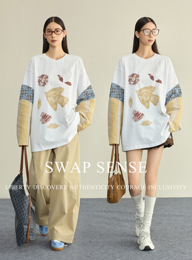 SWAP SENSE晴窗格序·复古设计感休闲拼接撞色趣味印花格纹上衣女