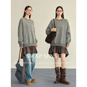 SWAP SENSE云织叠序·复古格纹拼接廓形灰色休闲简约卫衣连衣裙女
