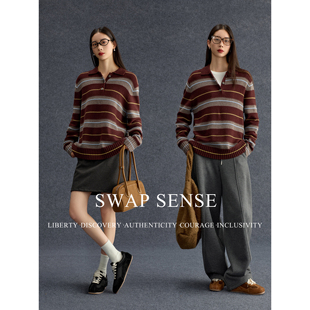 SWAP SENSE霓彩织序· 复古休闲风条纹polo领毛衣慵懒风针织衫