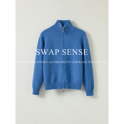SWAP SENSE屿蓝序暖· 复古休闲双拉链立领设计感蓝色针织衫外套