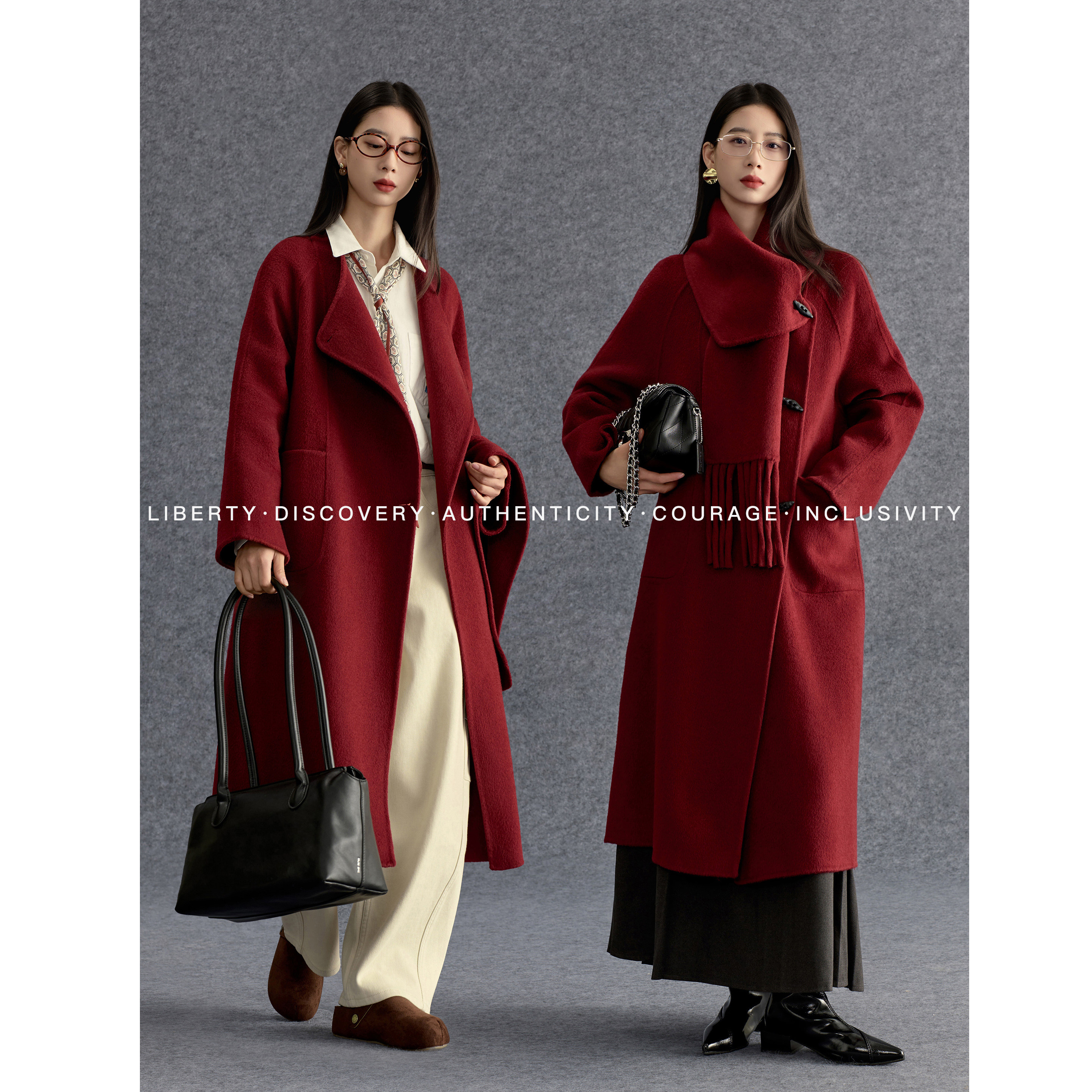 SWAP SENSE·绯夜织叙绵羊毛带围巾新年红色大衣毛呢外套女冬季