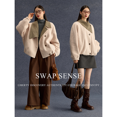 SWAP SENSE云境絮语· 复古不对称格纹翻领廓型摇粒绒外套棉服