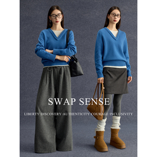 SWAP SENSE静蓝谧语· V领假两件百搭蓝色毛衣秋冬宽松针织上衣