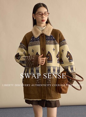 SWAP SENSE牧羊棋语·复古翻领皮毛一体马头纹样针织中古廓形外套