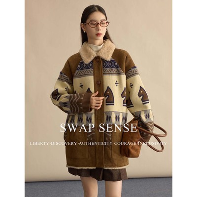 SWAP SENSE牧羊棋语·复古翻领皮毛一体马头纹样针织中古廓形外套