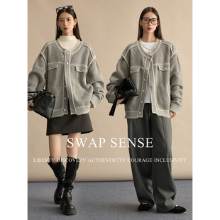 SWAP SENSE绒迹漫叙· 复古休闲撞色针织夹克灰色小香风外套冬