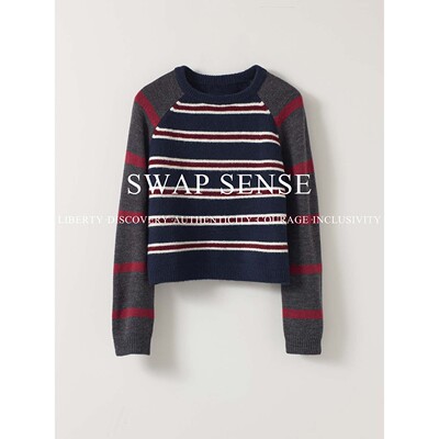 SWAP SENSE潮汐织序· 藏青条纹棕色条纹针织衫条纹拼接毛衣女