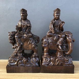 越南沉香木雕文殊普贤菩萨佛像摆件家用供奉本命佛像客厅佛堂神像