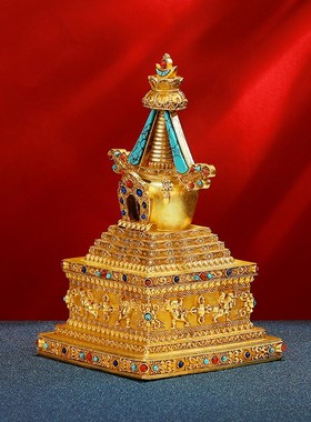 尼泊尔铜b鎏金手工菩提塔宝塔可打开装物件噶当塔镶嵌宝石八塔摆