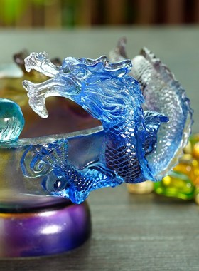 热销琉璃双龙聚宝盆摆件招财聚财水晶工艺品收银台店Y铺开业礼物