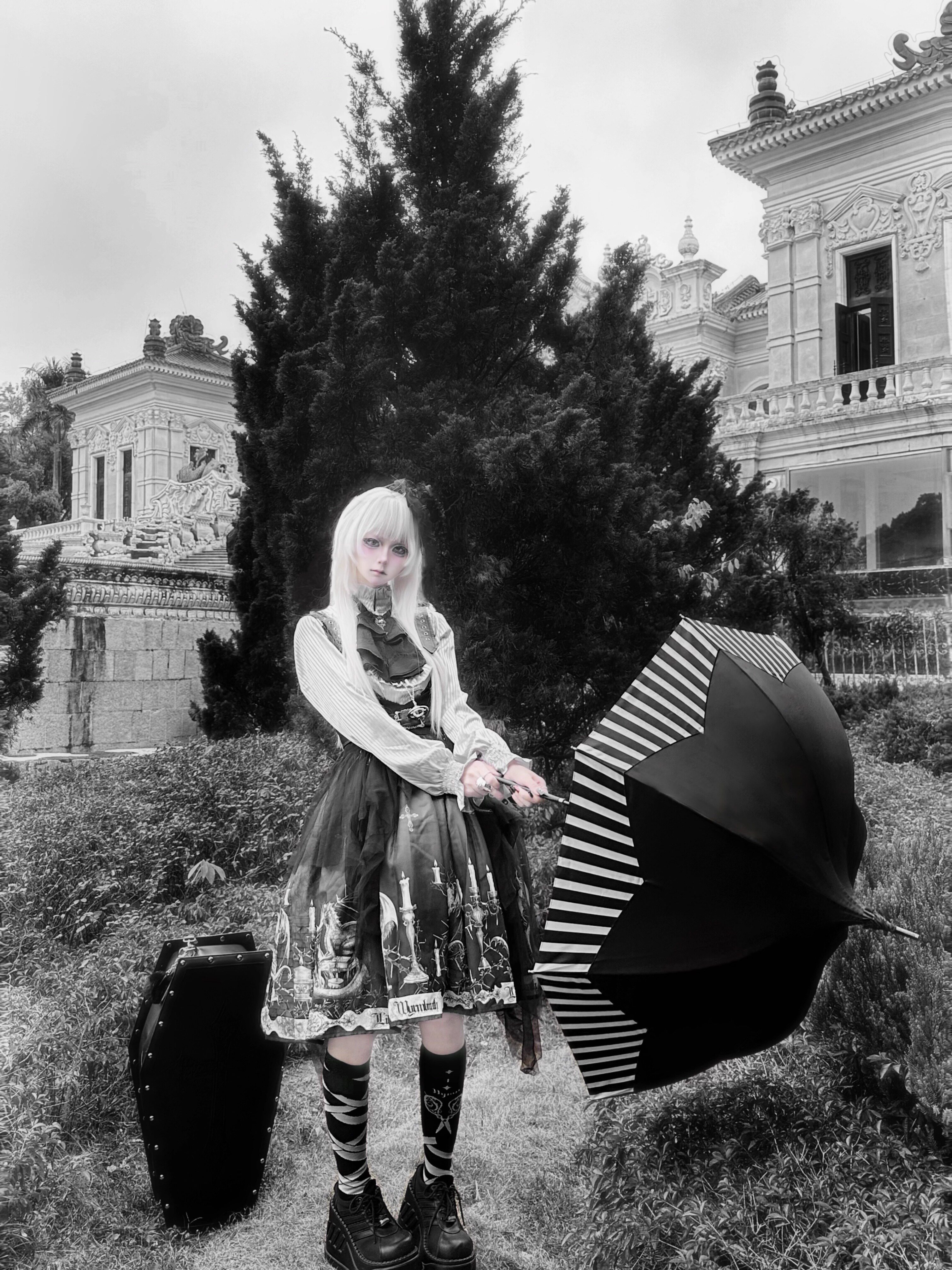 Raven and Lace "Striped Tiered" Umbrella - Sold Out, No Restock - Black and White Striped Pagoda Umbrella - Suitable for Both Sun and Rain - Lolita Style