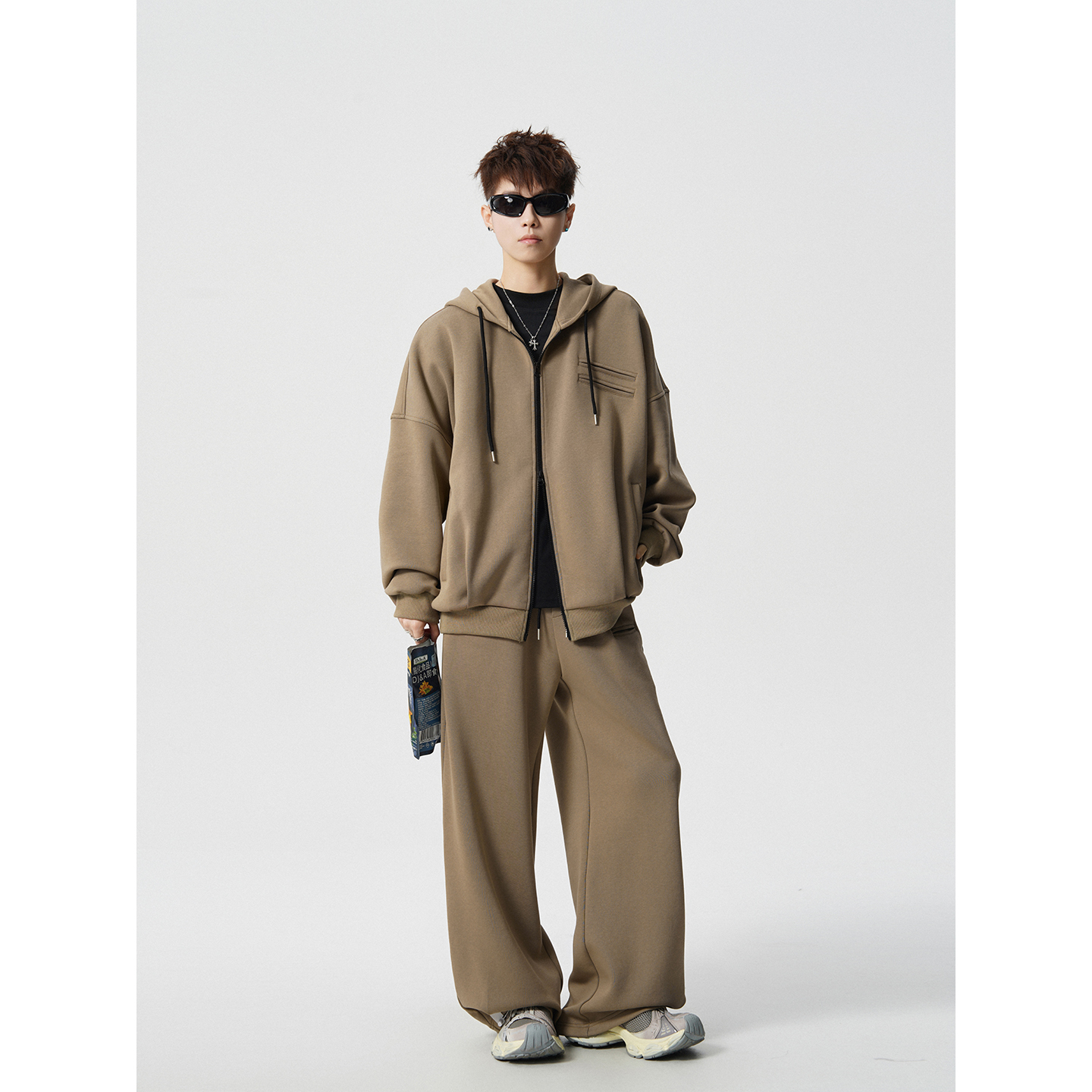 美式复古连帽卫衣套装加绒