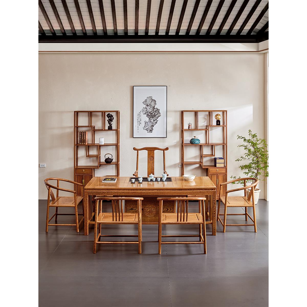 鸡翅木新中式茶桌椅组合茶室泡茶桌全实木家用功夫茶艺桌客厅茶台