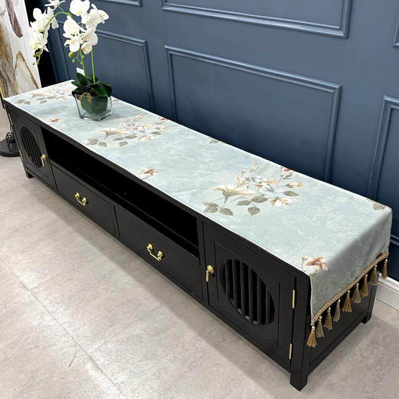 新中式电视柜斗柜桌布提花布艺流苏桌旗盖巾长条盖布桌布防尘罩