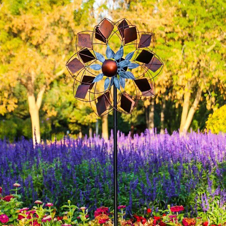 花园幼儿园菱形风车旋转插件装饰品双面户外摆件阳台创意铁艺庭院