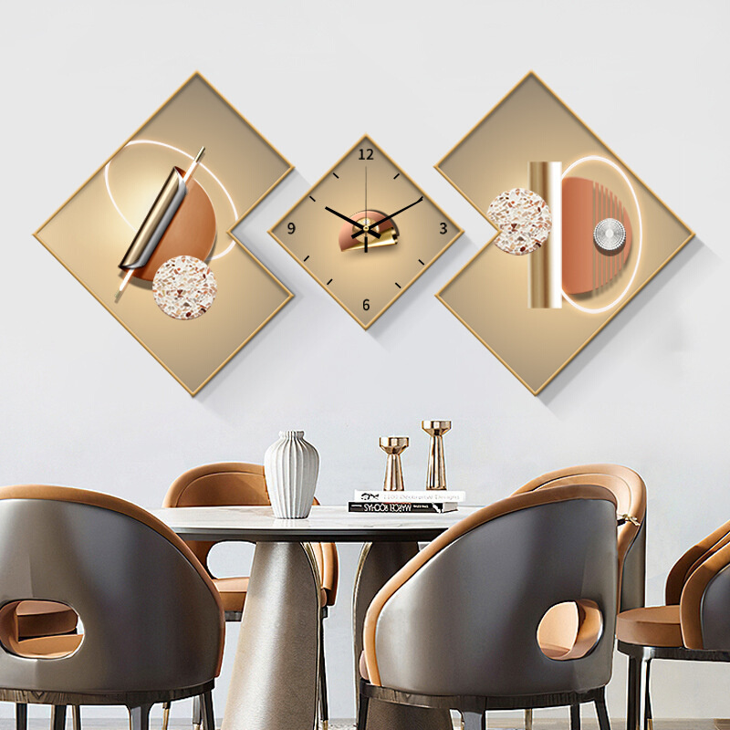 餐厅装饰画带挂钟组合三联画现代创意钟表壁画餐桌饭厅背景墙挂画图片