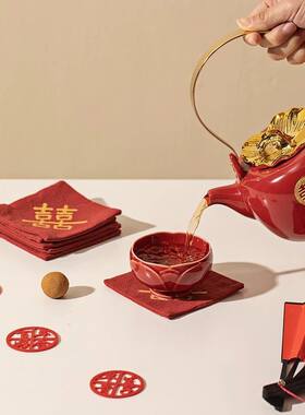 中式喜字红色杯垫结婚敬茶杯托婚房装饰婚庆拍布艺茶托防滑防烫