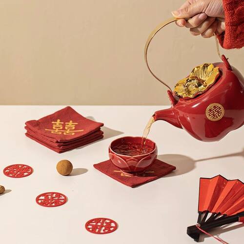 中式喜字红色杯垫结婚敬茶杯托婚房装饰婚庆拍布艺茶托防滑防烫
