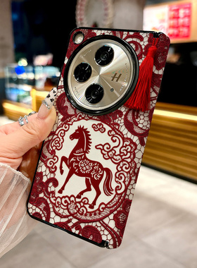 适用于OPPO Find N5手机壳新款折叠屏FindN3 N3典藏版高档防摔保护套高级中轴磁吸皮纹创意马年红色蕾丝图案