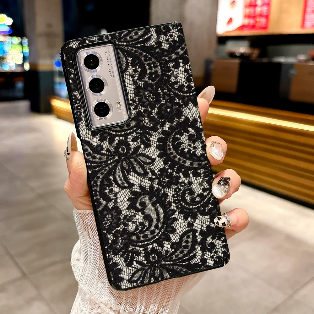 适用于华为荣耀MAGIC V5手机壳新款折叠屏V3高级感女Vs3中轴磁吸皮纹壳MAGICV2保护套Vs2创意黑色蕾丝花纹图