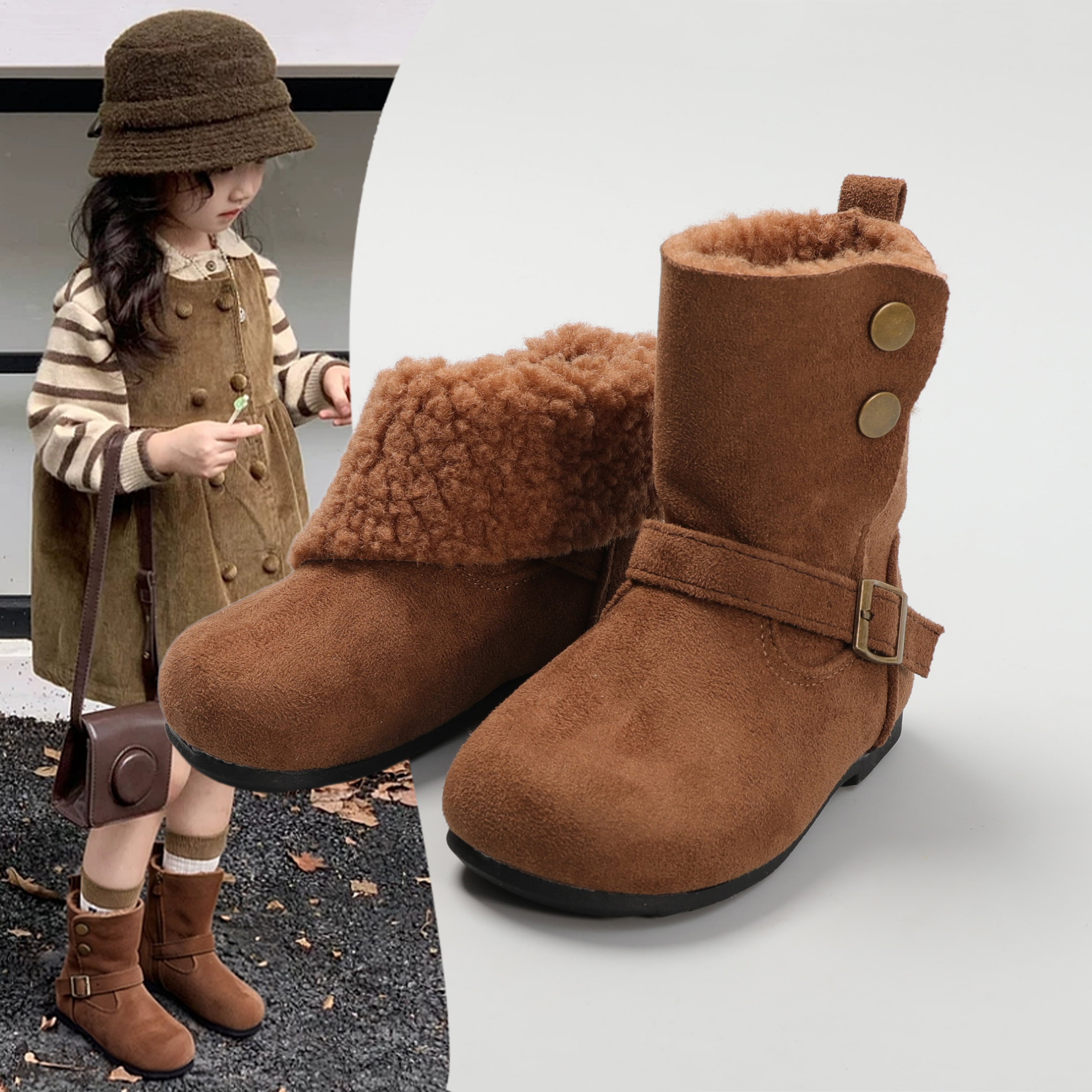 女童秋冬棉鞋子复古中筒马丁靴