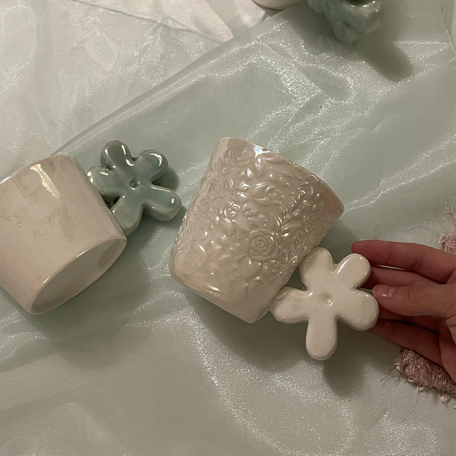 ABOAW小众设计浮雕花朵陶瓷咖啡杯白色创意把手杯子