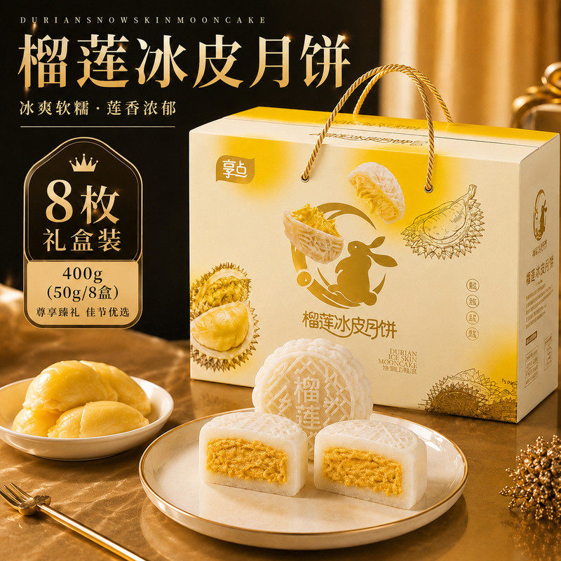 榴莲冰皮月饼8枚礼盒装中秋佳节送礼优选尊享臻礼心意之选