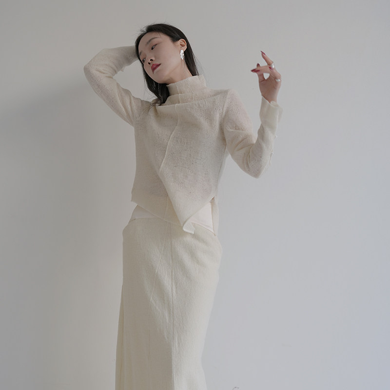 LIUFANGEZI白色提花羊毛针织毛衫和羊毛 拼接鱼尾半裙长袖针织衫