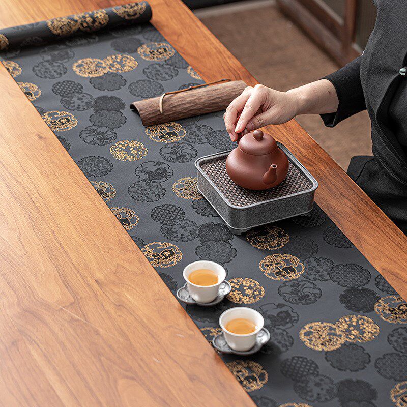 中式红色茶席桌旗桌布长款新年中C国红布艺过年茶席茶垫吸水粉红