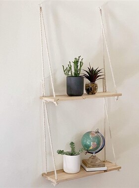 Wooden Rope Swing Wall Hanging Plant FlowerP Pot Tray Mounte