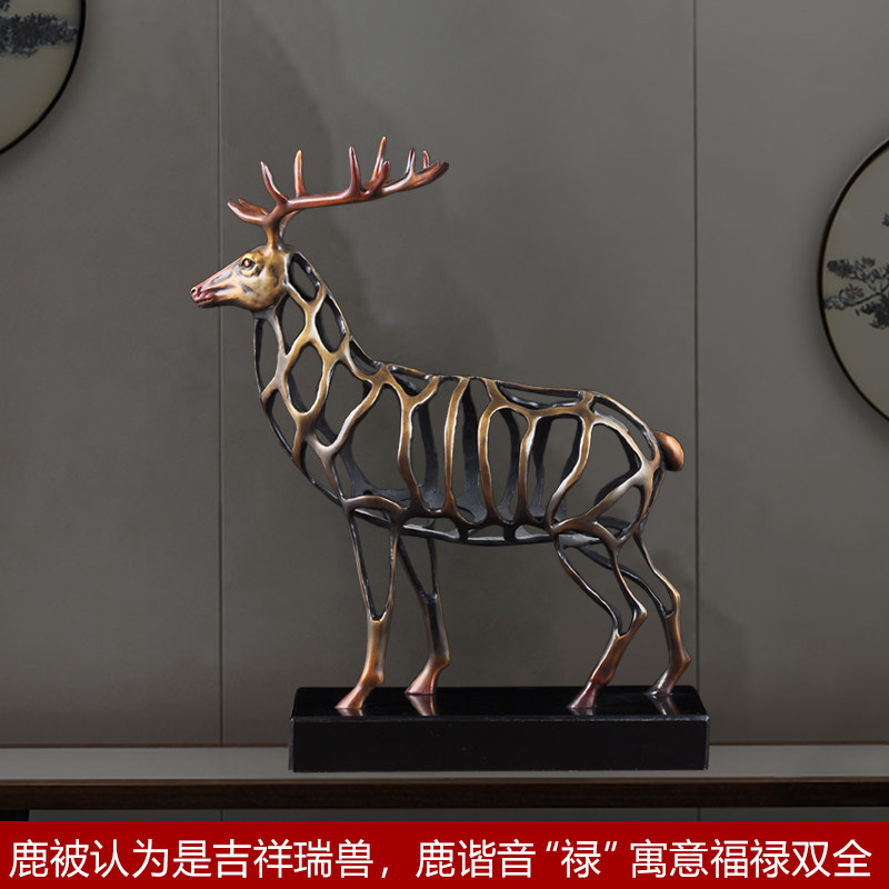 美式轻奢镂空全铜福鹿摆件招财工艺品房地产售楼R部样板房软装饰