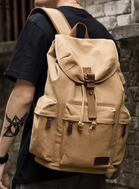 德国复古男士帆布双肩包大学生书包休闲大容量旅行包轻便登山背包