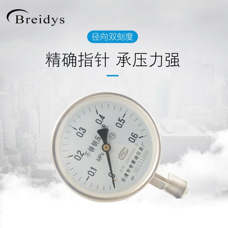 Y100BF压力表全不锈钢普通压力表0-1.6/100mpa多量程水压气压表