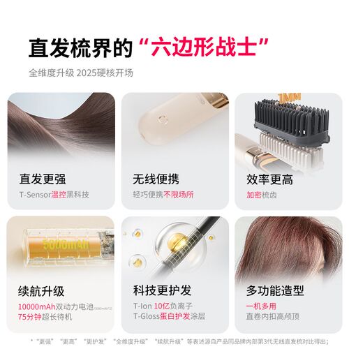 TYMO第五代无线直发梳香槟金负离子护发造型 防烫便携长续航