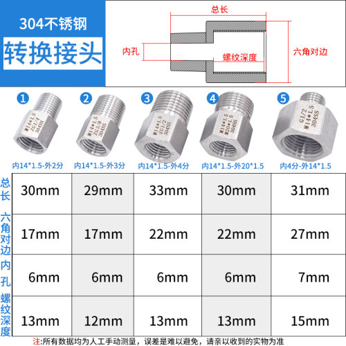 压力表304不锈钢转换接头补芯M14M20*1.5转2分4分6分内外螺纹对丝