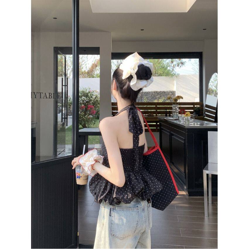 荷叶边黑色波点挂脖吊带小背心女抹胸