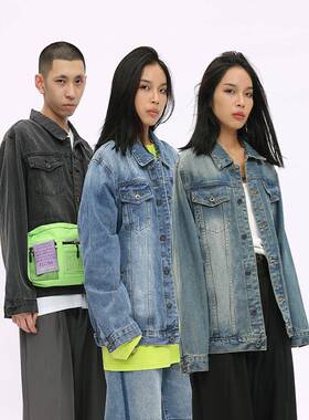 Voguo Relay 韩版简约百搭新款复古蓝牛仔外套翻领长袖夹克男女