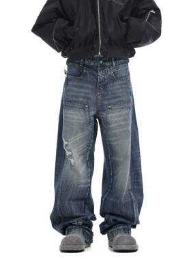 BTSG美式复古洗水波纹伐木绿松石牛仔裤baggy宽松阔腿工装休闲裤