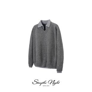 仿羊绒V领毛衣韩风燕麦色青春活力风格男款Polo假两件设计