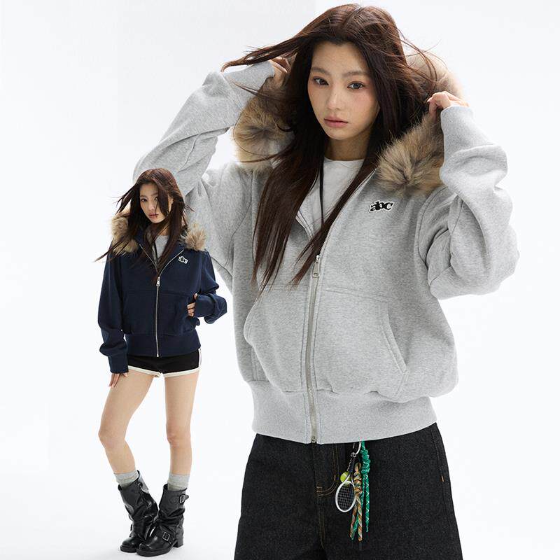 HEYABC连帽可拆卸蓬松貉子毛宽松韩系abc贴布绣拉链卫衣国潮上衣
