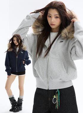 HEYABC连帽可拆卸蓬松貉子毛宽松韩系abc贴布绣拉链卫衣国潮上衣