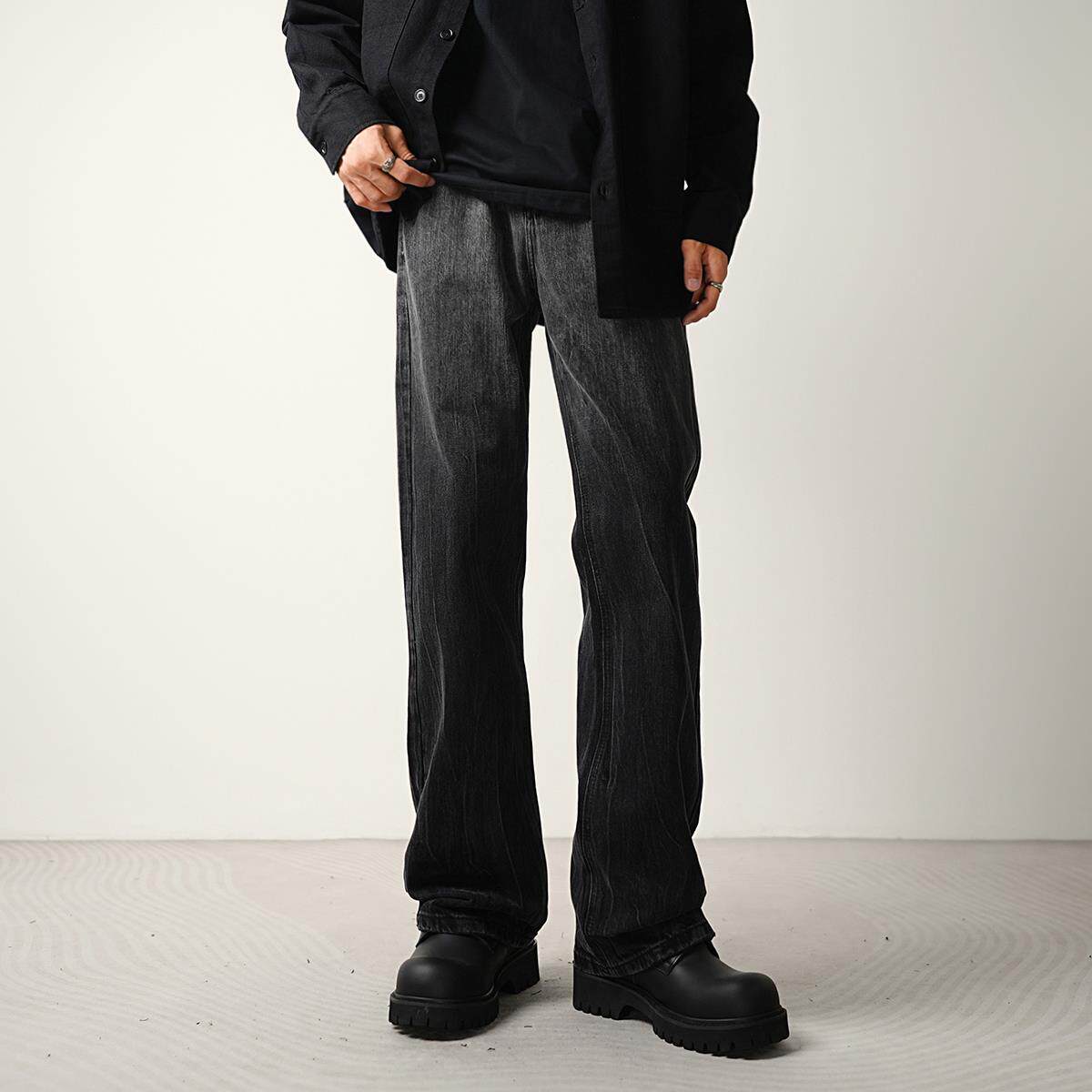 CONVERGES黑色渐层水洗微喇牛仔裤男潮牌春秋款宽松阔腿直筒长裤