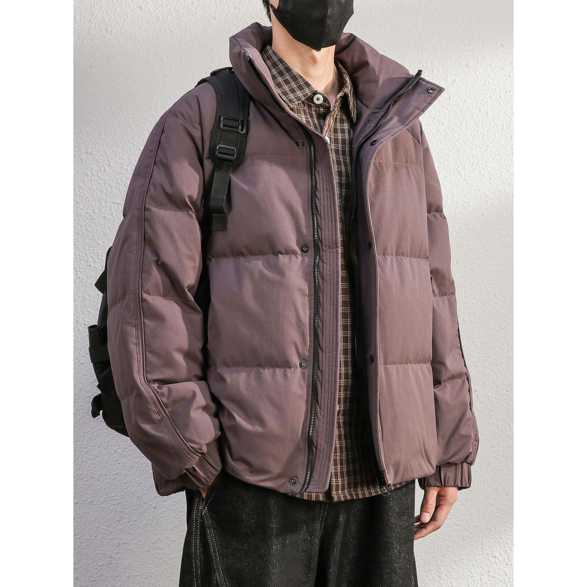 高充90白鸭绒蓬松感紫色羽绒服男士短款冬季保暖加绒立领外套男装