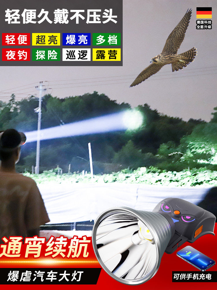 头灯强光充电超亮超长电池寿命锂电池矿工灯夜钓专用传感器头戴式