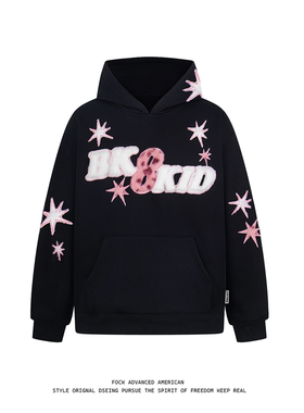 FOCK美式复古豹纹星星贴布连帽卫衣男女2026新款宽松情侣百搭上衣