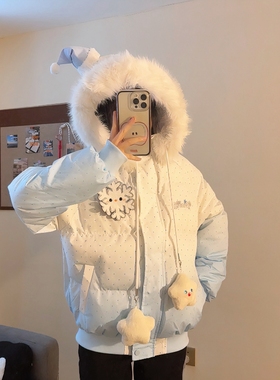 FOCK圣诞节小礼帽雪人刺绣魔术贴连帽面包服加厚保暖棉服毛领外套